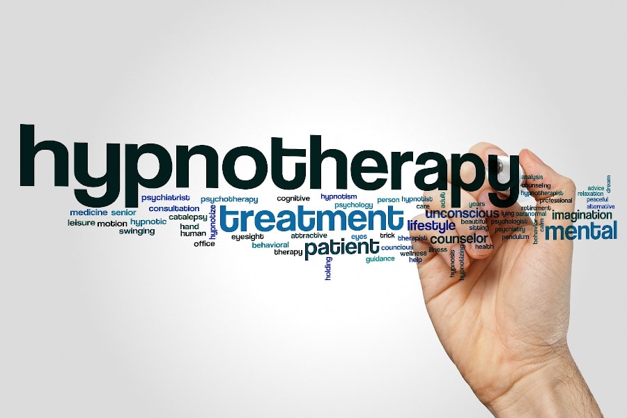 Hypnotherapy word cloud concept on grey background